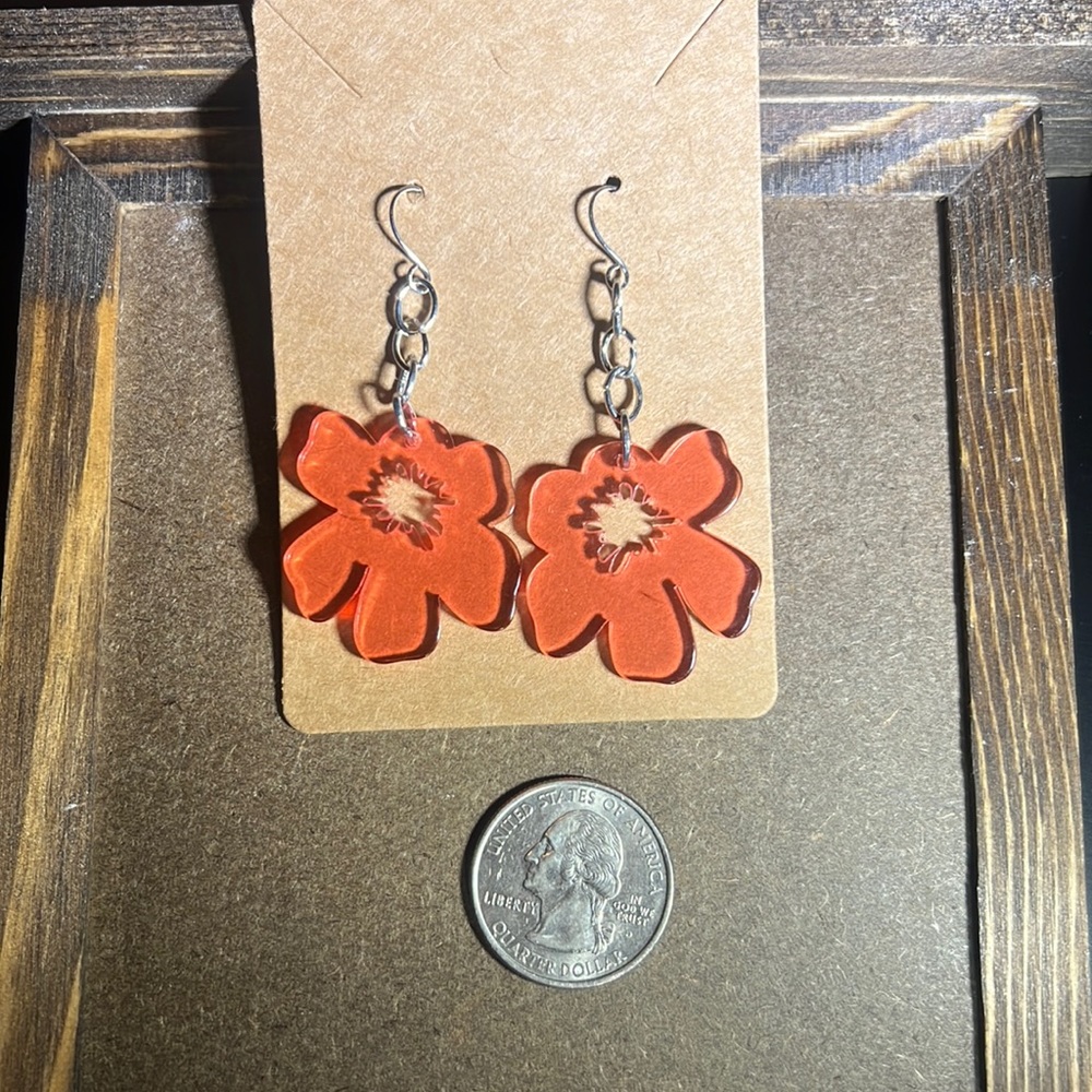 Silver pink acrylic tropical flower dangle earrings